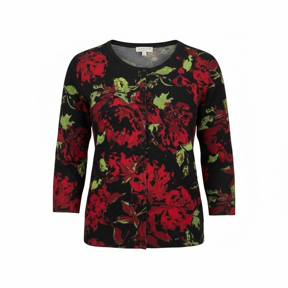 JOSEPH A. Button Down Cardigan Women Size XL Black/Red/Green Floral, Sequins